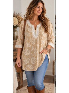 Krazy Kat ¾ Sleeve Tunic Size XL 100% Cotton embroidered lightweight cottagecore